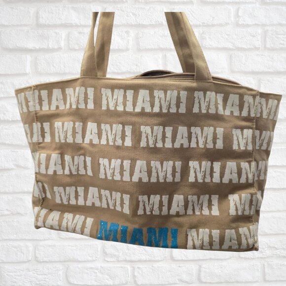 Beige “Miami” Tote Bag – White Text, Zipper Closure & Inner Pocket - Picture 3 of 3